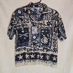 Teddi Vintage Short Sleeve Button Up Shirt Tribal Hawaiian Print All over Size S